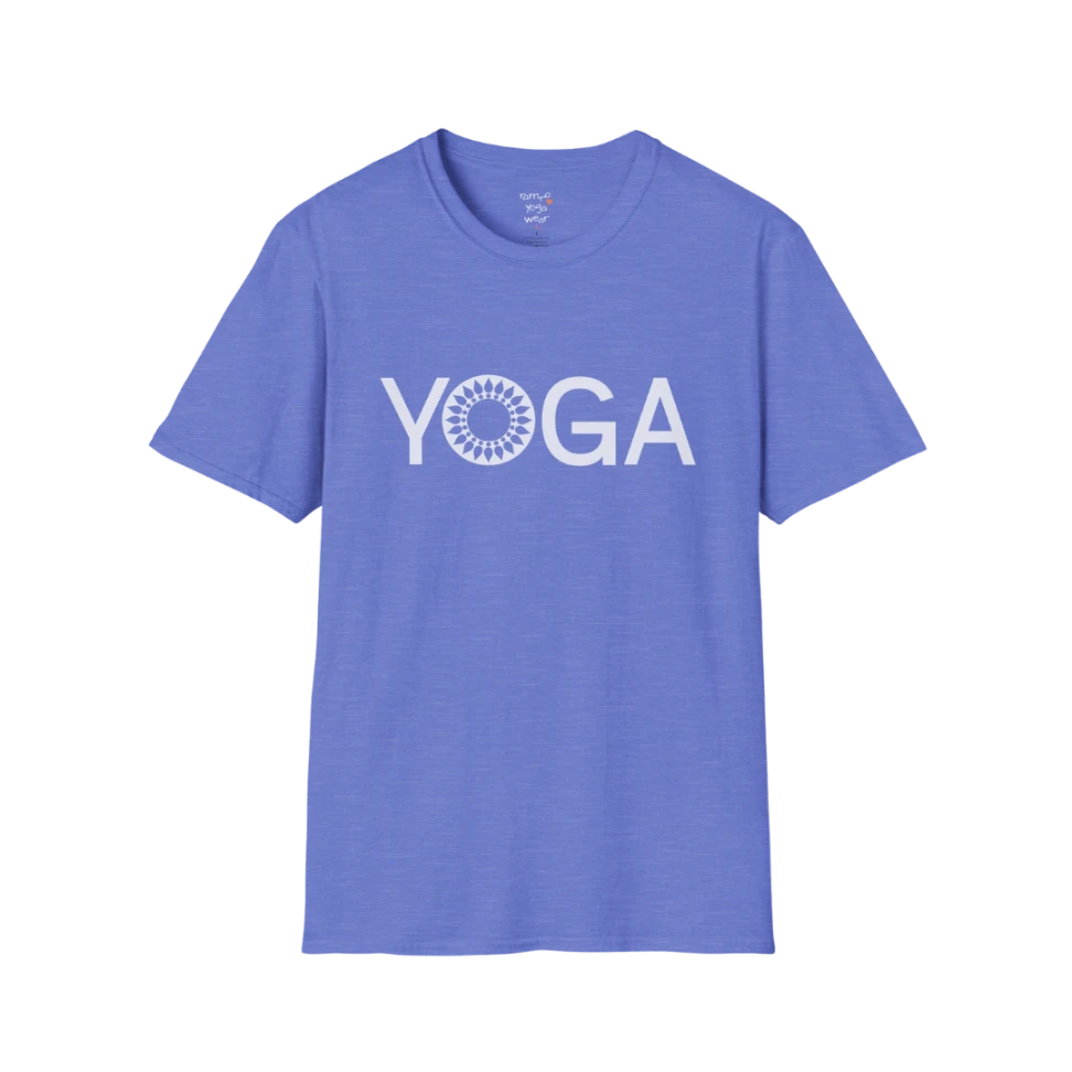 Mandala Yoga T-Shirt heather royal with minimalist yoga text and mandala design. Bold yet calming yoga tee for everyday wear.