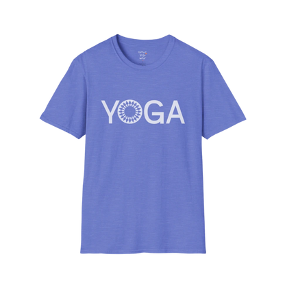 Mandala Yoga T-Shirt heather royal with minimalist yoga text and mandala design. Bold yet calming yoga tee for everyday wear.