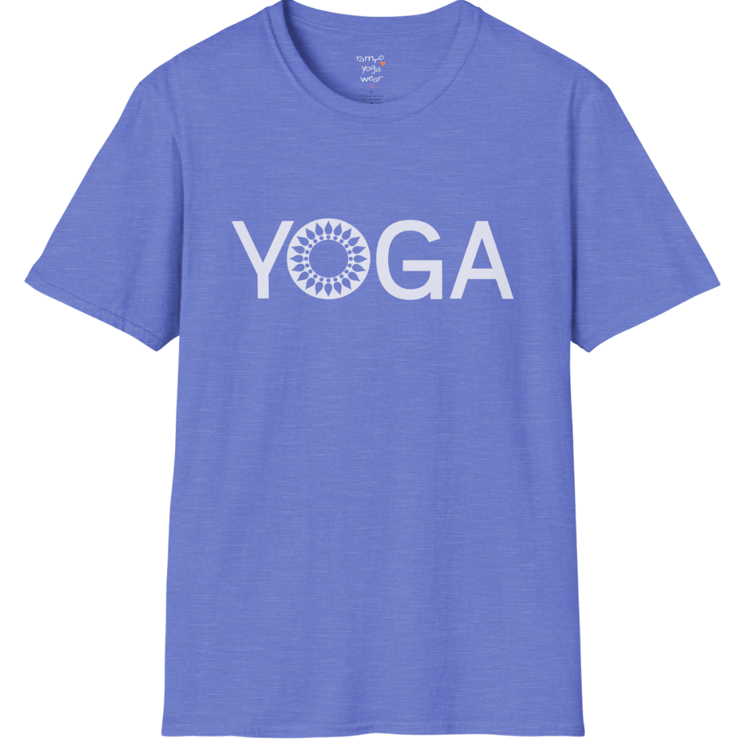 Minimalist YOGA text design with subtle mandala detail — The Vault collection by Ramro Yoga Wear — Heather Royal