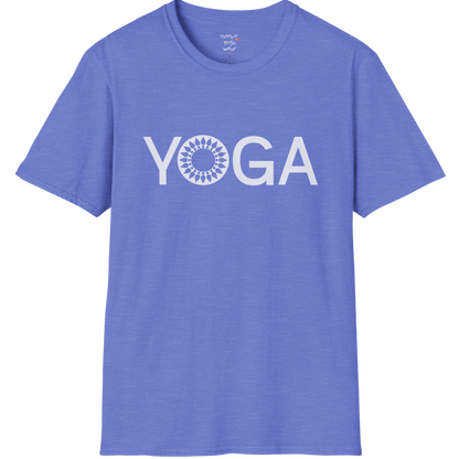 Minimalist YOGA text design with subtle mandala detail — The Vault collection by Ramro Yoga Wear — Heather Royal