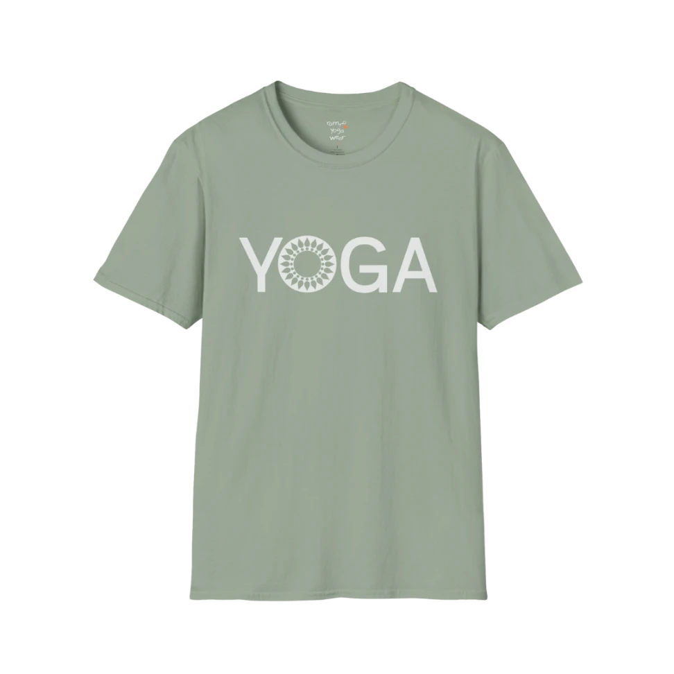 Mandala Yoga T-Shirt sage with minimalist yoga text and mandala detail. Earthy, calming yoga tee for grounded everyday wear.