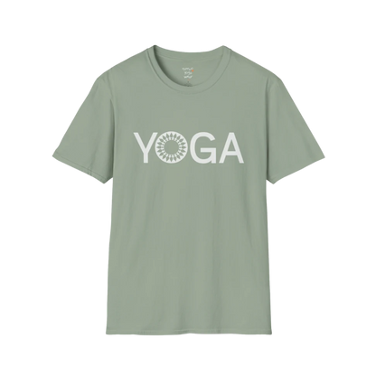 Mandala Yoga T-Shirt sage with minimalist yoga text and mandala detail. Earthy, calming yoga tee for grounded everyday wear.