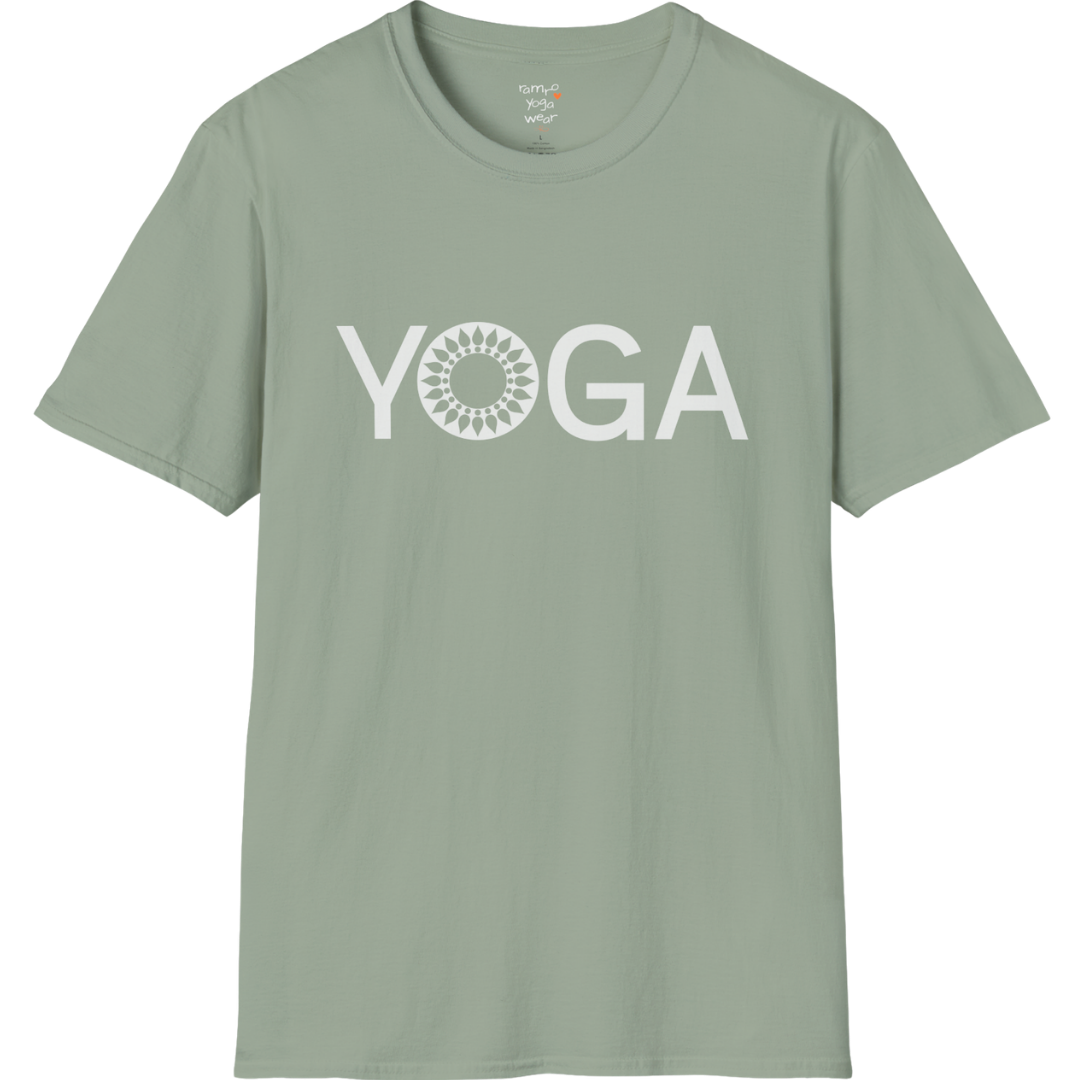 Minimalist YOGA text design with subtle mandala detail — The Vault collection by Ramro Yoga Wear — Sage