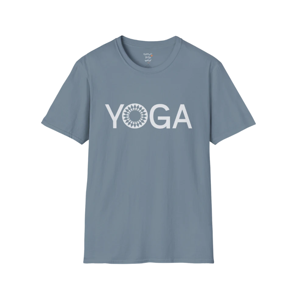 Mandala Yoga T-Shirt stone blue with clean yoga text and mandala design. Soft, balanced yoga tee for relaxed mindful style.