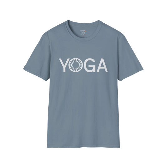 Minimalist YOGA text design with subtle mandala detail — The Vault collection by Ramro Yoga Wear — Stone Blue