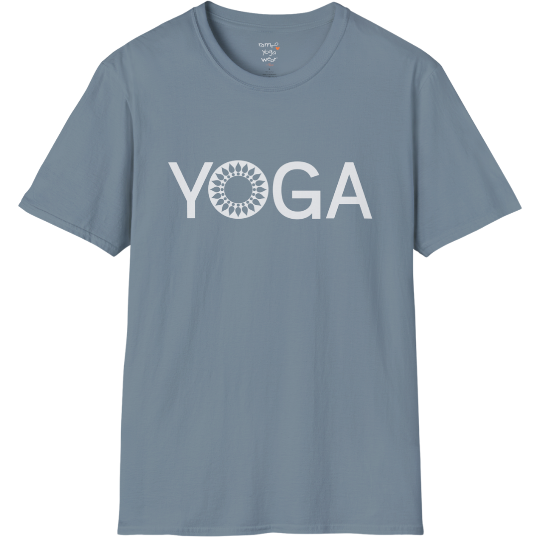 Minimalist YOGA text design with subtle mandala detail — The Vault collection by Ramro Yoga Wear — Stone Blue