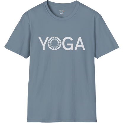 Minimalist YOGA text design with subtle mandala detail — The Vault collection by Ramro Yoga Wear — Stone Blue
