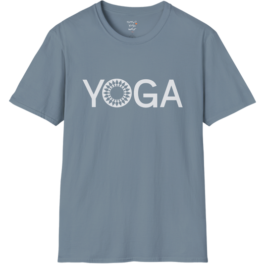 Minimalist YOGA text design with subtle mandala detail — The Vault collection by Ramro Yoga Wear — Stone Blue
