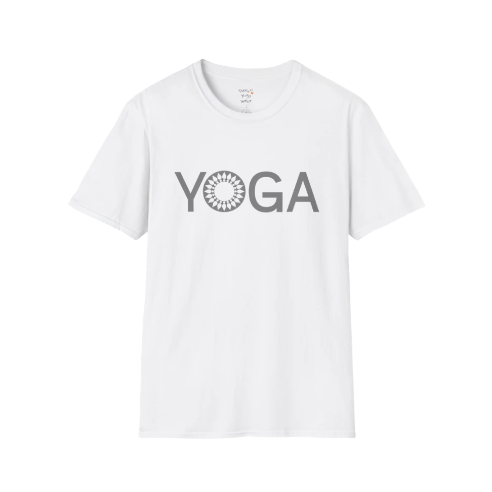 Mandala Yoga T-Shirt white with minimalist yoga text and mandala detail. Clean, simple yoga tee for calm, everyday wear.