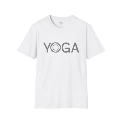 Mandala Yoga T-Shirt white with minimalist yoga text and mandala detail. Clean, simple yoga tee for calm, everyday wear.