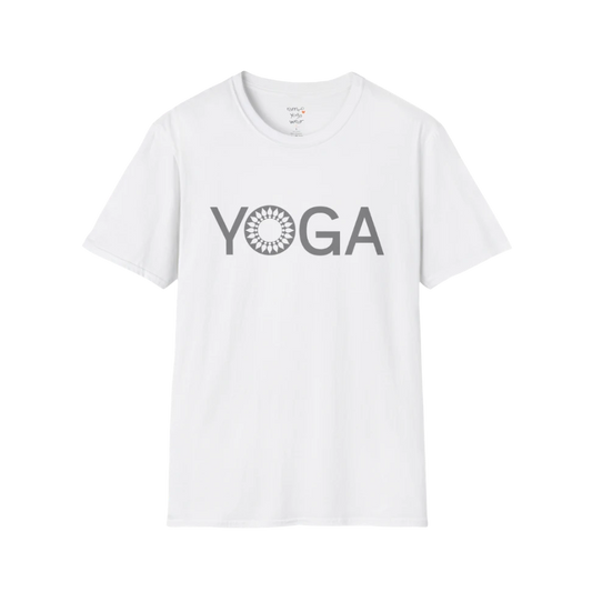 Mandala Yoga T-Shirt white with minimalist yoga text and mandala detail. Clean, simple yoga tee for calm, everyday wear.