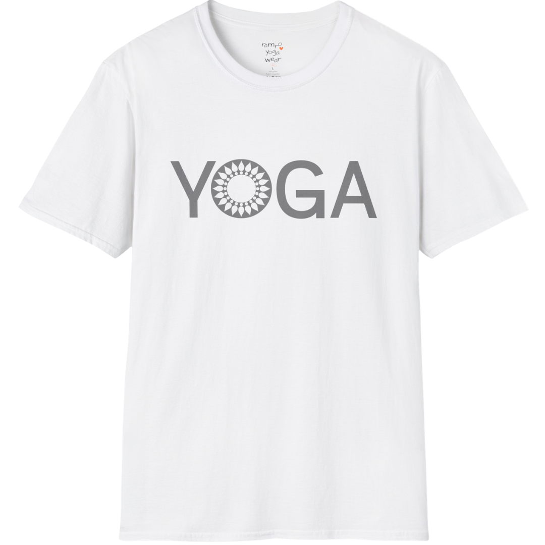 Minimalist YOGA text design with subtle mandala detail — The Vault collection by Ramro Yoga Wear — White