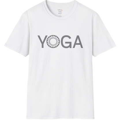 Minimalist YOGA text design with subtle mandala detail — The Vault collection by Ramro Yoga Wear — White