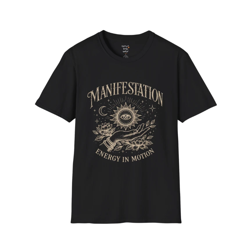 Black Manifestation T-Shirt with vintage celestial artwork and mystical eye graphic. Spiritual yoga shirt with soft mindful streetwear aesthetic.