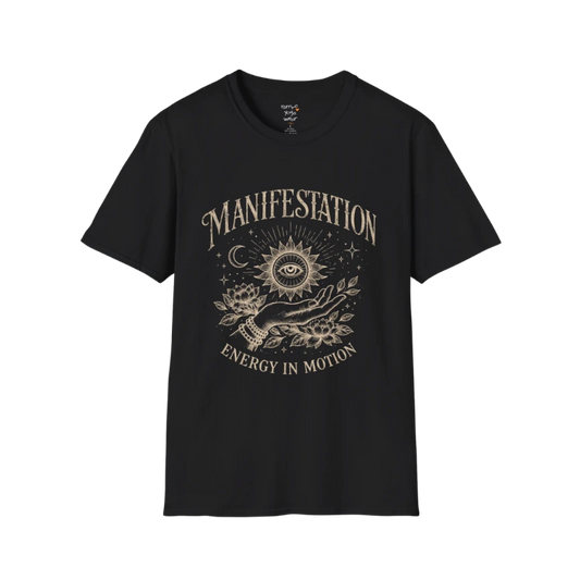 Black Manifestation T-Shirt with vintage celestial artwork and mystical eye graphic. Spiritual yoga shirt with soft mindful streetwear aesthetic.