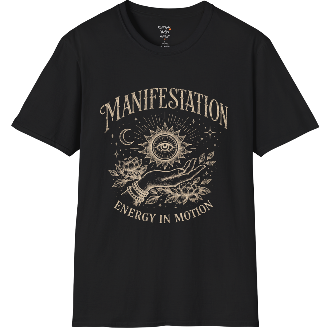 Black Manifestation T-Shirt with vintage celestial artwork and mystical eye graphic. Spiritual yoga shirt with soft mindful streetwear aesthetic.