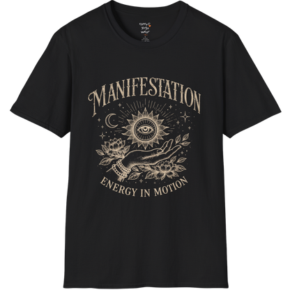 Black Manifestation T-Shirt with vintage celestial artwork and mystical eye graphic. Spiritual yoga shirt with soft mindful streetwear aesthetic.