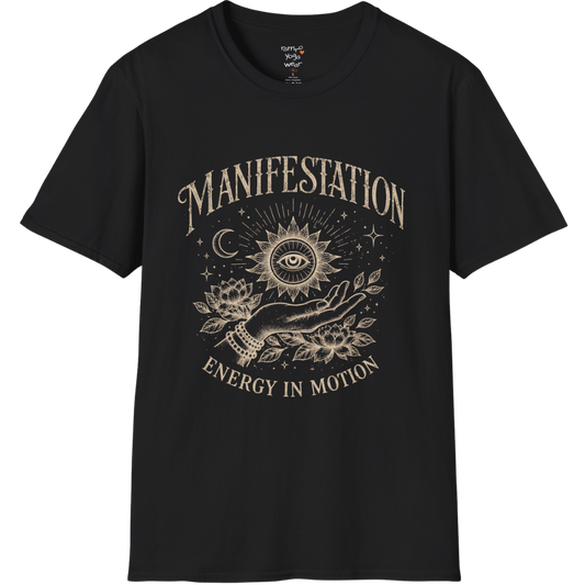 Black Manifestation T-Shirt with vintage celestial artwork and mystical eye graphic. Spiritual yoga shirt with soft mindful streetwear aesthetic.