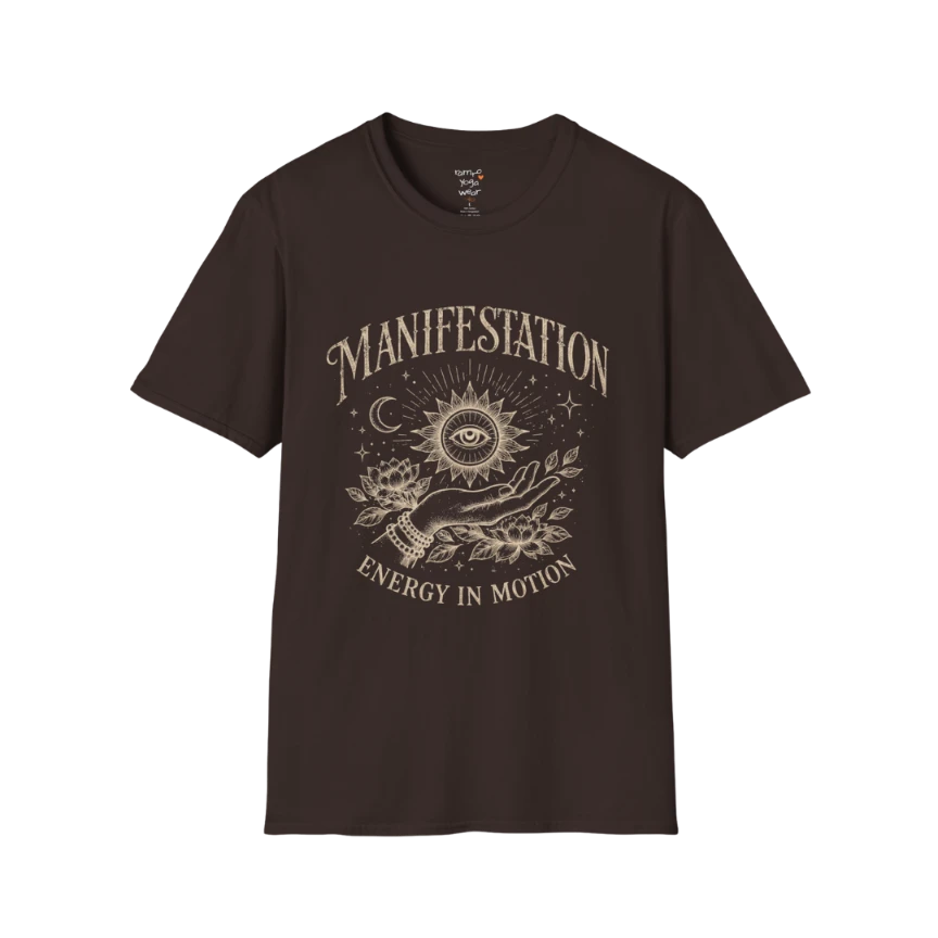 Dark Chocolate Manifestation T-Shirt with distressed retro typography and moon-inspired manifestation artwork for grounded spiritual style.