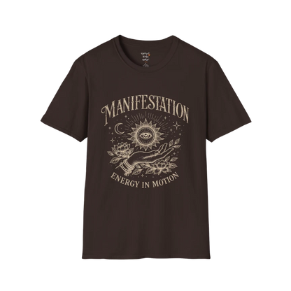 Dark Chocolate Manifestation T-Shirt with distressed retro typography and moon-inspired manifestation artwork for grounded spiritual style.