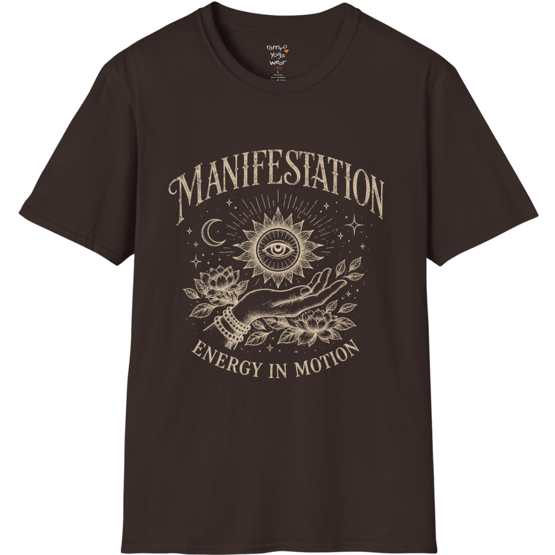 Dark Chocolate Manifestation T-Shirt with distressed retro typography and moon-inspired manifestation artwork for grounded spiritual style.