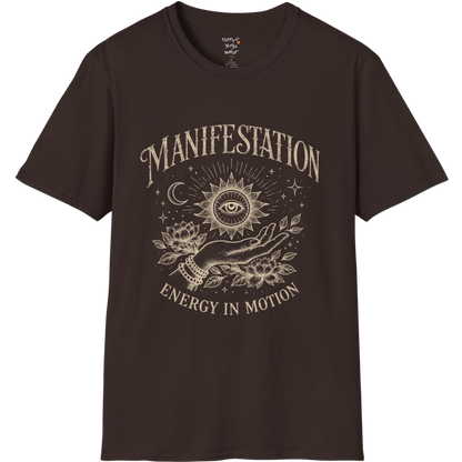 Dark Chocolate Manifestation T-Shirt with distressed retro typography and moon-inspired manifestation artwork for grounded spiritual style.