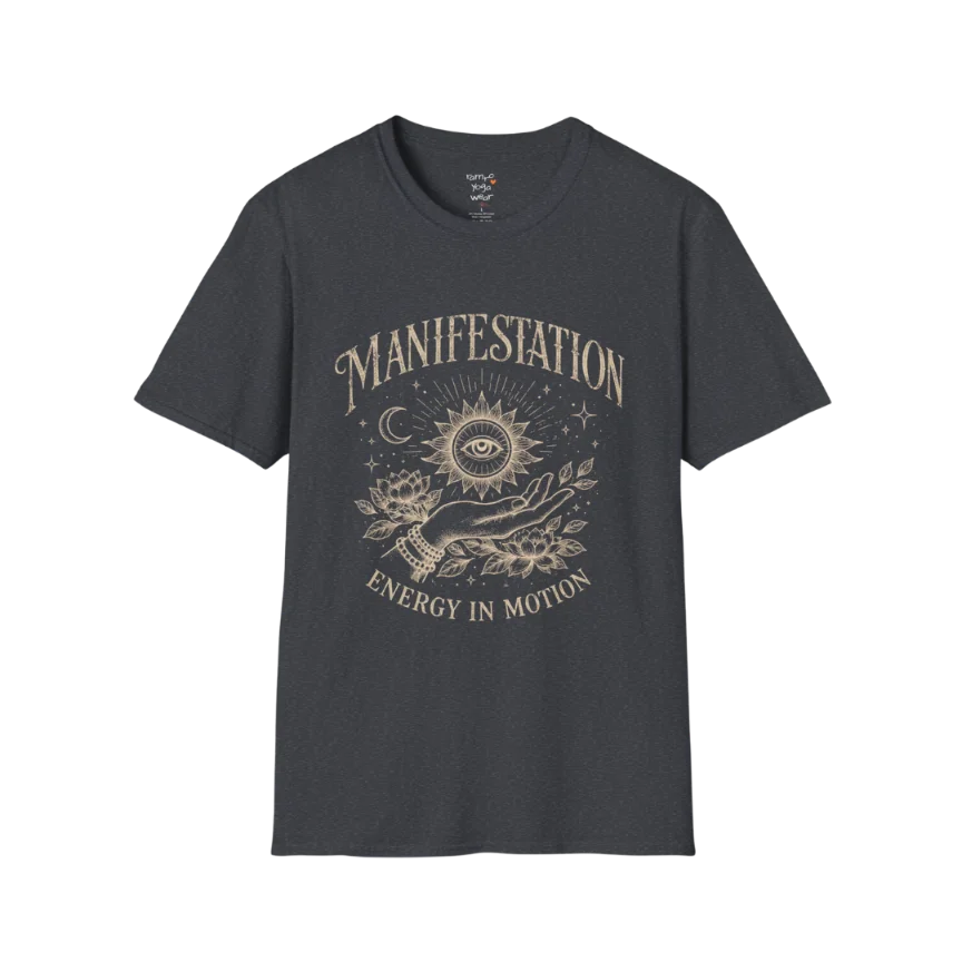 Dark Heather Grey Manifestation T-Shirt featuring celestial illustration and vintage-inspired manifestation design for calm everyday wear.