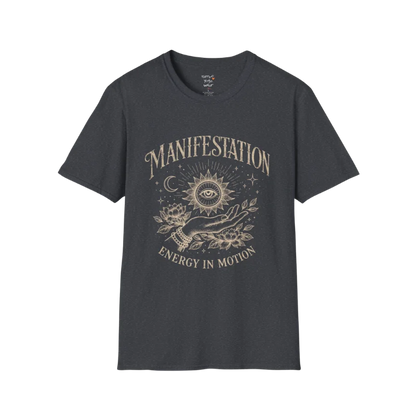 Dark Heather Grey Manifestation T-Shirt featuring celestial illustration and vintage-inspired manifestation design for calm everyday wear.