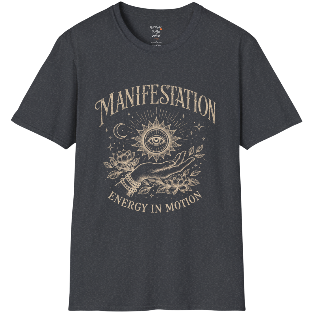 Dark Heather Grey Manifestation T-Shirt featuring celestial illustration and vintage-inspired manifestation design for calm everyday wear.