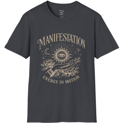Dark Heather Grey Manifestation T-Shirt featuring celestial illustration and vintage-inspired manifestation design for calm everyday wear.