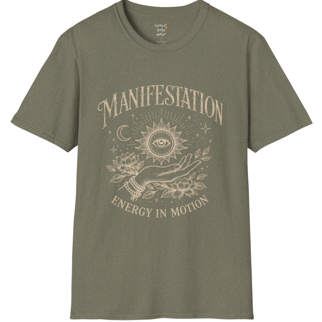 Heather Military Green Manifestation T-Shirt with mystical eye artwork and earthy spiritual streetwear vibe for yoga and mindfulness lovers.