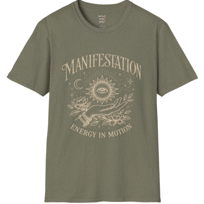 Heather Military Green Manifestation T-Shirt with mystical eye artwork and earthy spiritual streetwear vibe for yoga and mindfulness lovers.