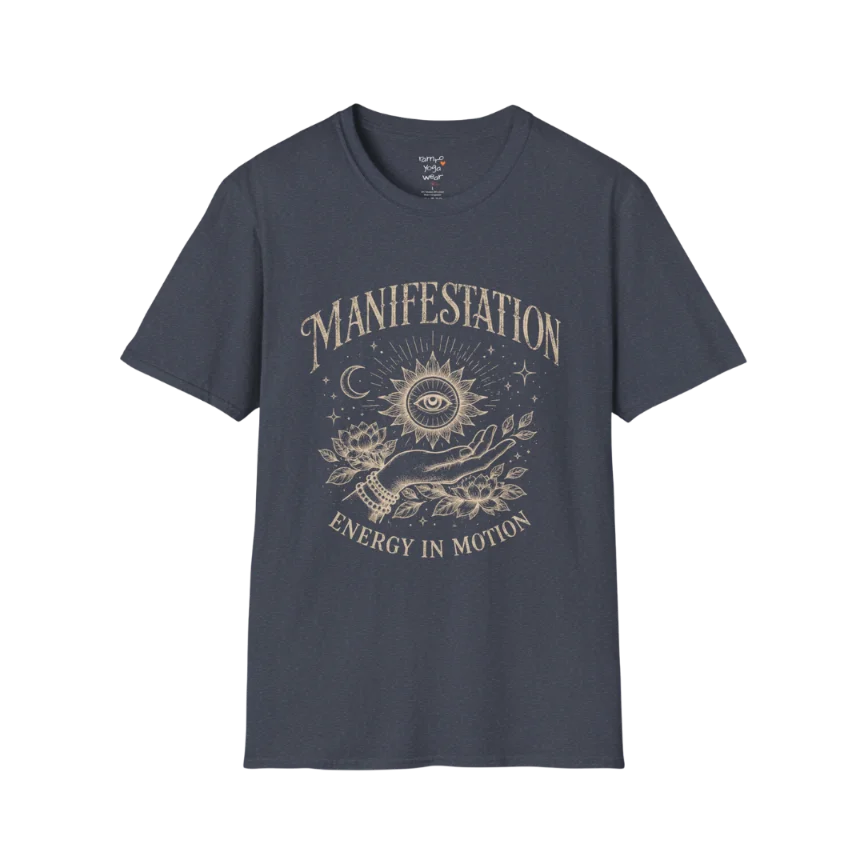 Heather Navy Manifestation T-Shirt with retro celestial print and soulful manifestation theme for relaxed yoga lifestyle fashion.