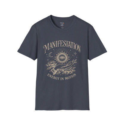 Heather Navy Manifestation T-Shirt with retro celestial print and soulful manifestation theme for relaxed yoga lifestyle fashion.
