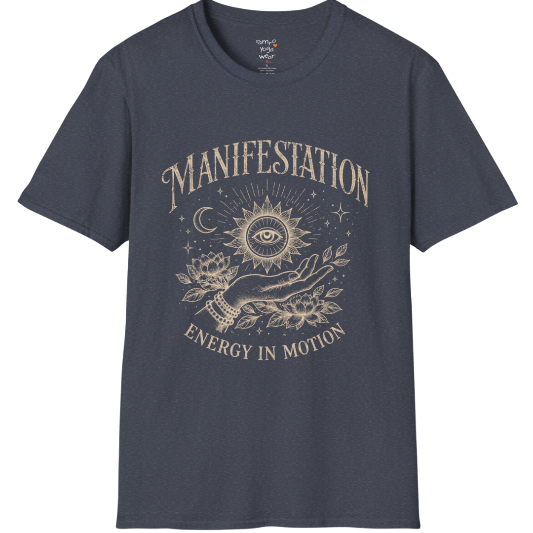 Heather Navy Manifestation T-Shirt with retro celestial print and soulful manifestation theme for relaxed yoga lifestyle fashion.