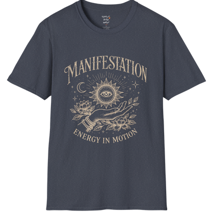 Heather Navy Manifestation T-Shirt with retro celestial print and soulful manifestation theme for relaxed yoga lifestyle fashion.