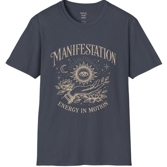 Heather Navy Manifestation T-Shirt with retro celestial print and soulful manifestation theme for relaxed yoga lifestyle fashion.
