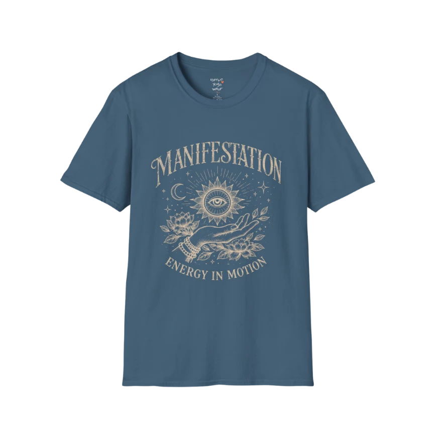 Indigo Blue Manifestation T-Shirt with celestial manifestation artwork and mindful streetwear feel for everyday calm and movement.