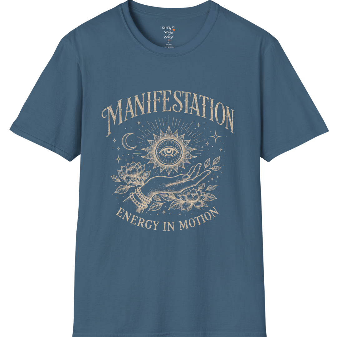 Indigo Blue Manifestation T-Shirt with celestial manifestation artwork and mindful streetwear feel for everyday calm and movement.