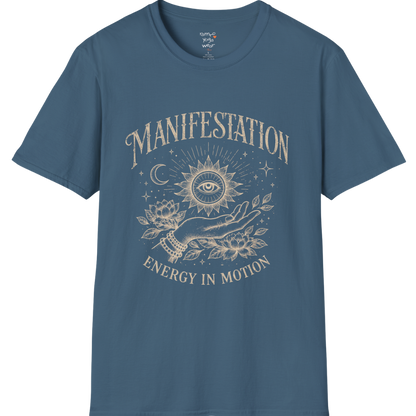 Indigo Blue Manifestation T-Shirt with celestial manifestation artwork and mindful streetwear feel for everyday calm and movement.