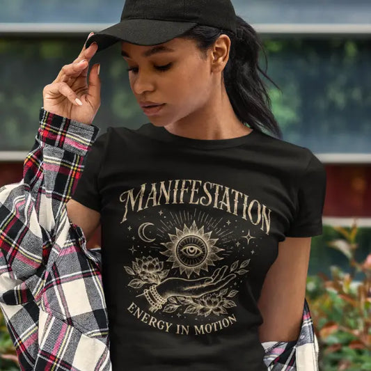 Ramro Yoga Wear Manifestation tee in Black — all-seeing eye sun and lotus vintage design, urban street lifestyle shot