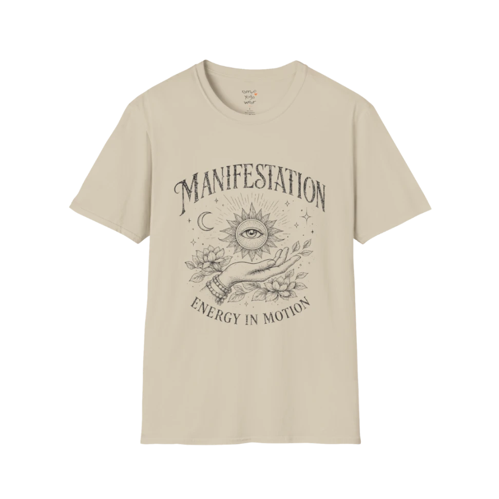 Sand Manifestation T-Shirt featuring celestial manifestation artwork with retro distressed detailing for mindful everyday style.
