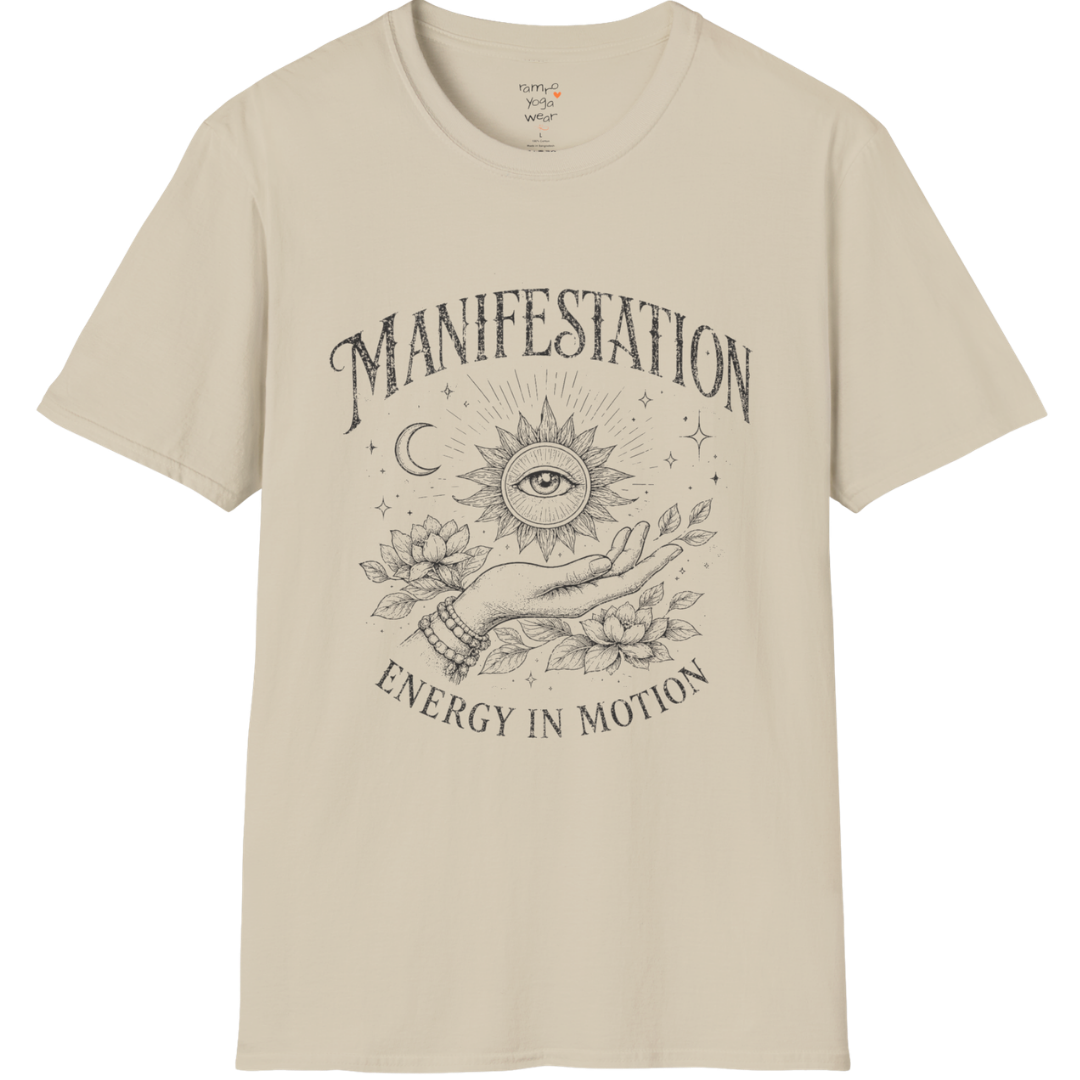 Sand Manifestation T-Shirt featuring celestial manifestation artwork with retro distressed detailing for mindful everyday style.