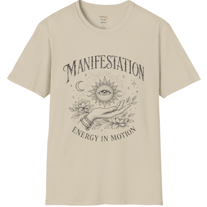 Sand Manifestation T-Shirt featuring celestial manifestation artwork with retro distressed detailing for mindful everyday style.
