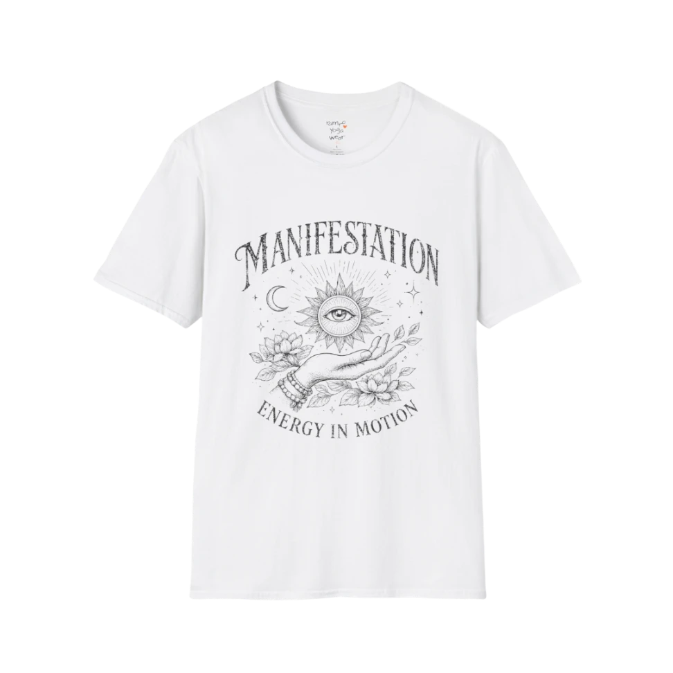 White Manifestation T-Shirt with retro celestial print and soulful manifestation theme for relaxed yoga lifestyle fashion.