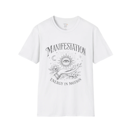 White Manifestation T-Shirt with retro celestial print and soulful manifestation theme for relaxed yoga lifestyle fashion.