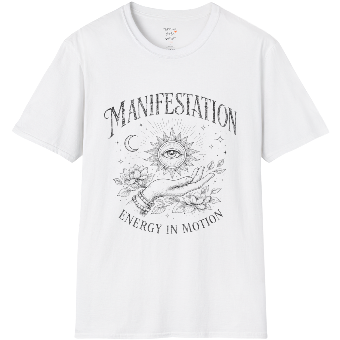White Manifestation T-Shirt with retro celestial print and soulful manifestation theme for relaxed yoga lifestyle fashion.