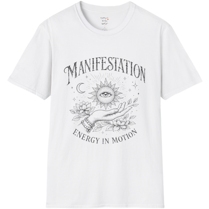 White Manifestation T-Shirt with retro celestial print and soulful manifestation theme for relaxed yoga lifestyle fashion.
