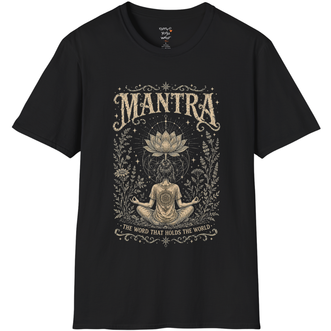 Woman seated in meditation with sacred lotus and botanical engraving design — Sacred Thread collection by Ramro Yoga Wear in Black.