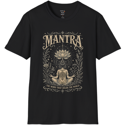 Woman seated in meditation with sacred lotus and botanical engraving design — Sacred Thread collection by Ramro Yoga Wear in Black.